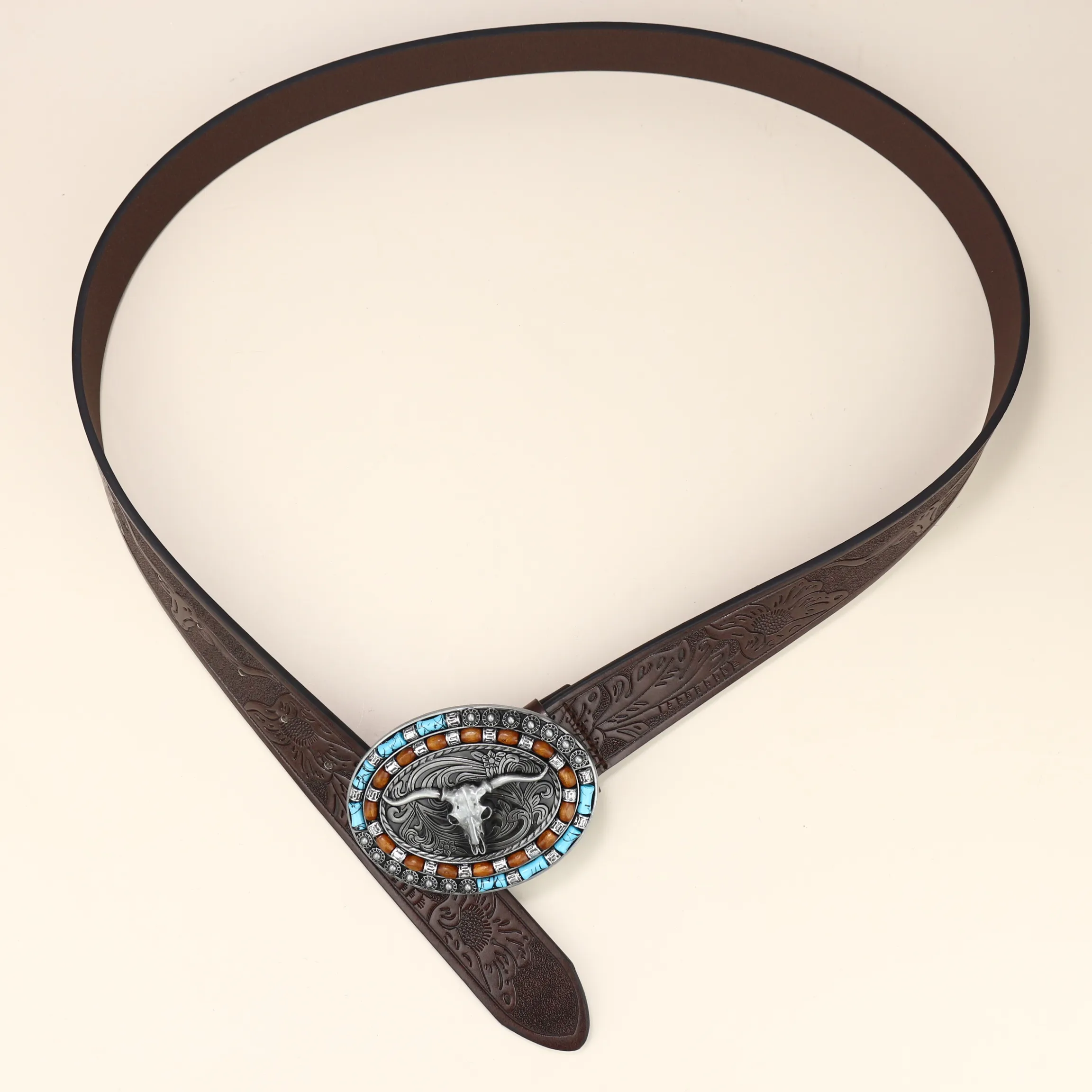 Belts Unisex Western Cowboy Belt Cow Head Buckle Fashion Vintage Beaded Peplum Jeans_autovado.com