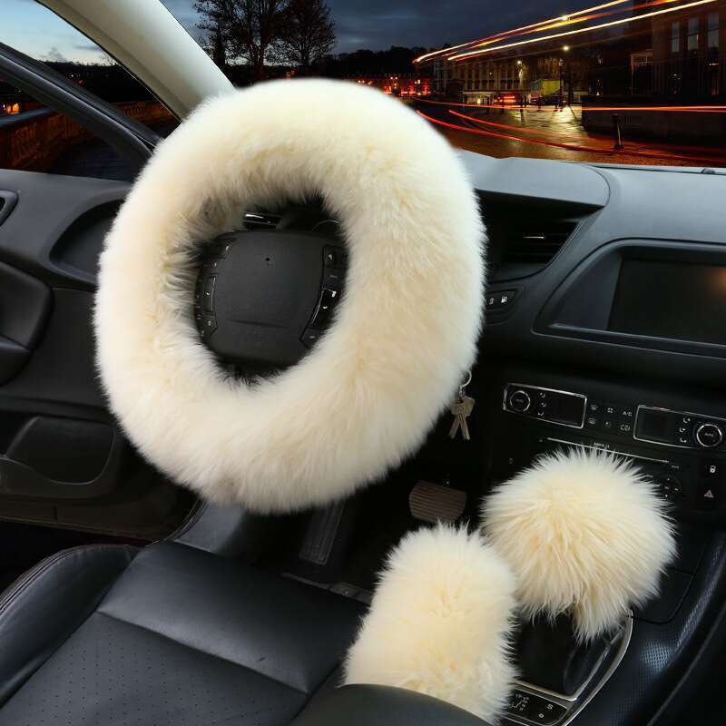 Car Steering Wheel Winter New Australian Sheepskin Fur Integrated Wool Handle Handbrake Cover_autovado.com