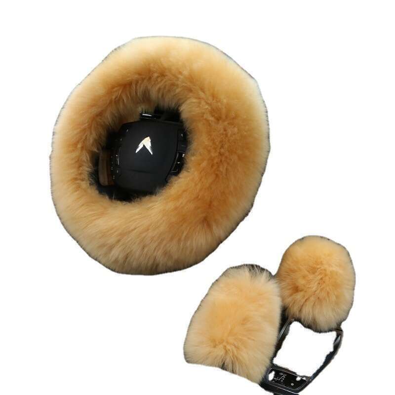 Car Steering Wheel Winter New Australian Sheepskin Fur Integrated Wool Handle Handbrake Cover_autovado.com