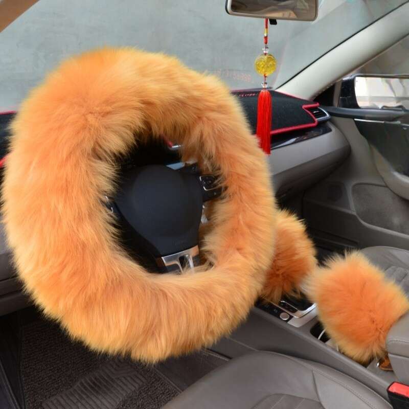 Pure Car Steering Wheel Sheep Shearing Handle Cover, Australian Wool Long Hair Three Piece Set_autovado.com