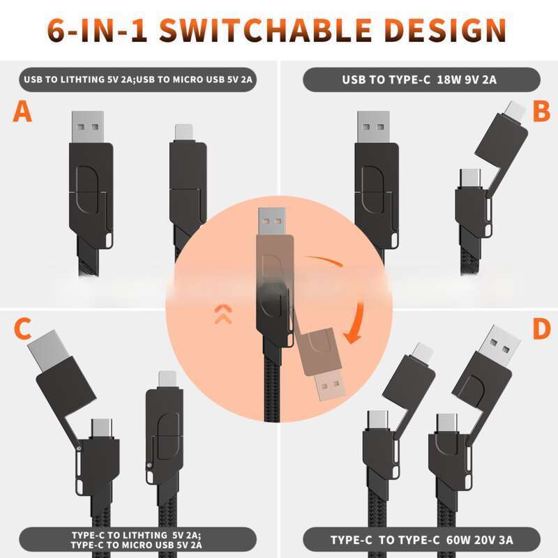 RWINEL Zinc Alloy Six In One Swiss Army Knife Wire Portable Keychain PD60W Fast Charging Data Cable_autovado.com