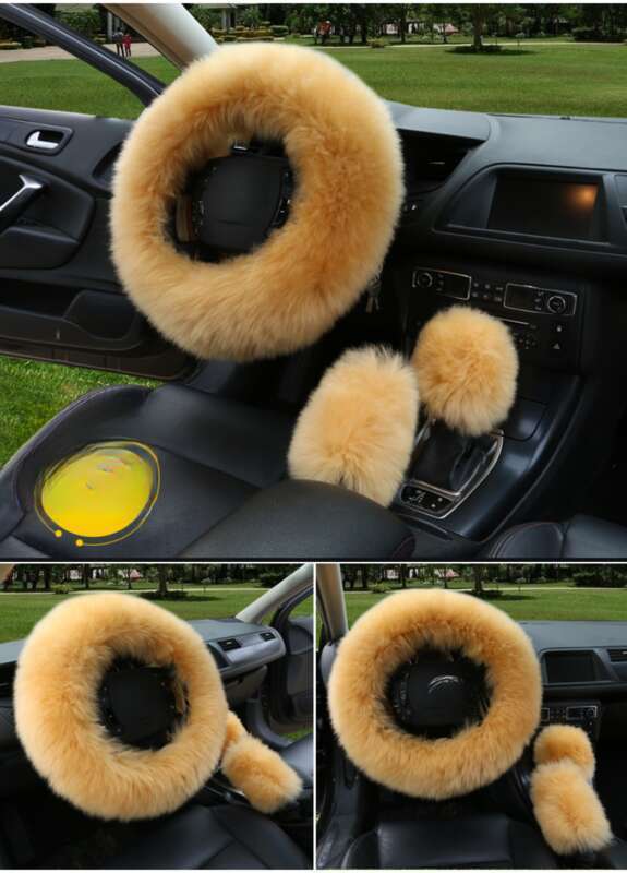 Car Steering Wheel Winter New Australian Sheepskin Fur Integrated Wool Handle Handbrake Cover_autovado.com