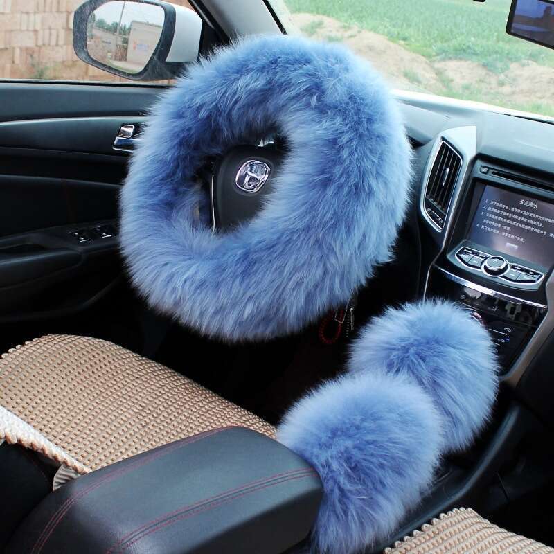 Pure Car Steering Wheel Sheep Shearing Handle Cover, Australian Wool Long Hair Three Piece Set_autovado.com