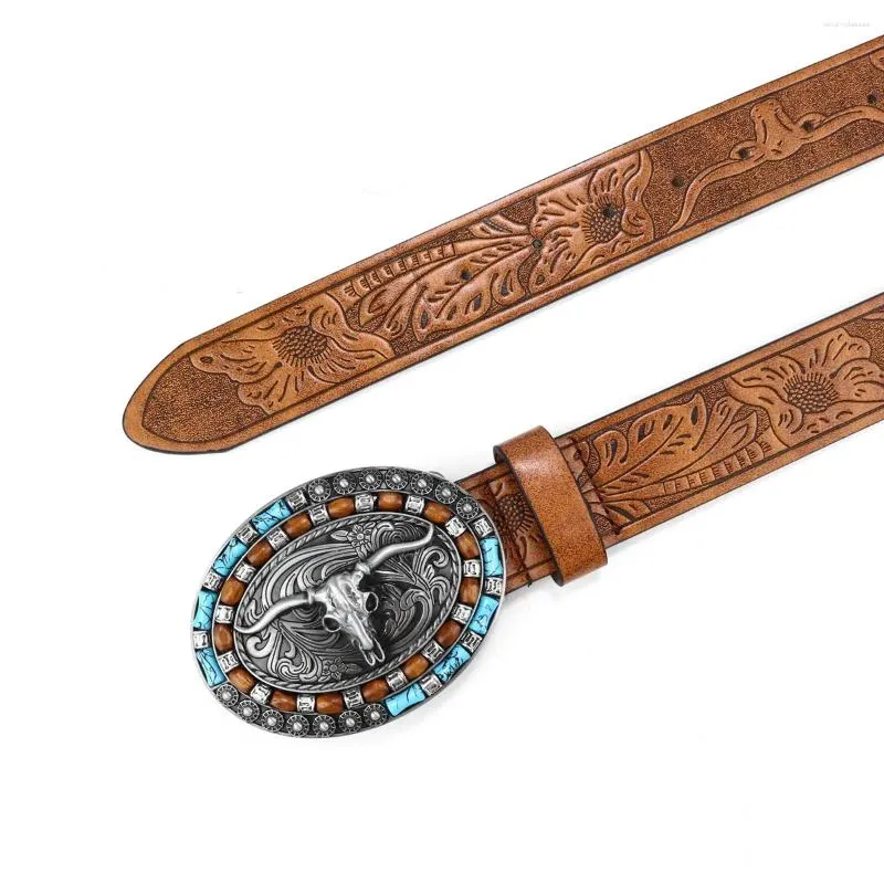 Belts Unisex Western Cowboy Belt Cow Head Buckle Fashion Vintage Beaded Peplum Jeans_autovado.com