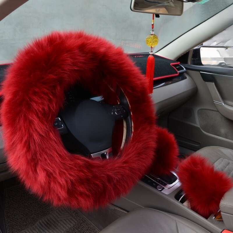 Pure Car Steering Wheel Sheep Shearing Handle Cover, Australian Wool Long Hair Three Piece Set_autovado.com