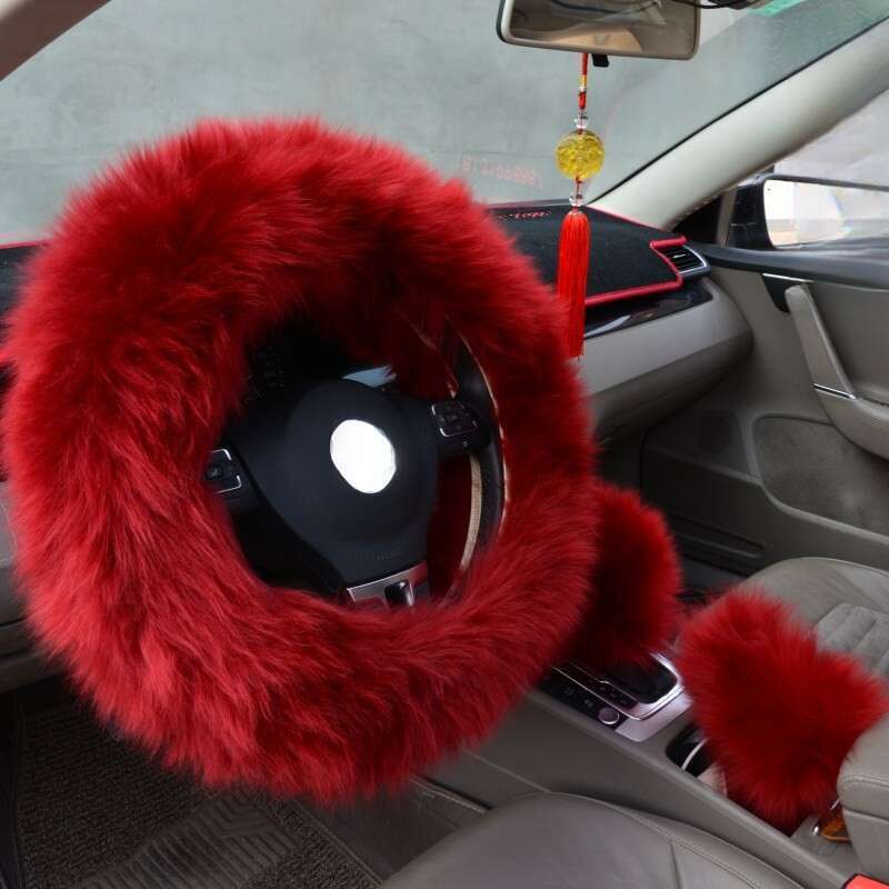 Pure Car Steering Wheel Sheep Shearing Handle Cover, Australian Wool Long Hair Three Piece Set_autovado.com