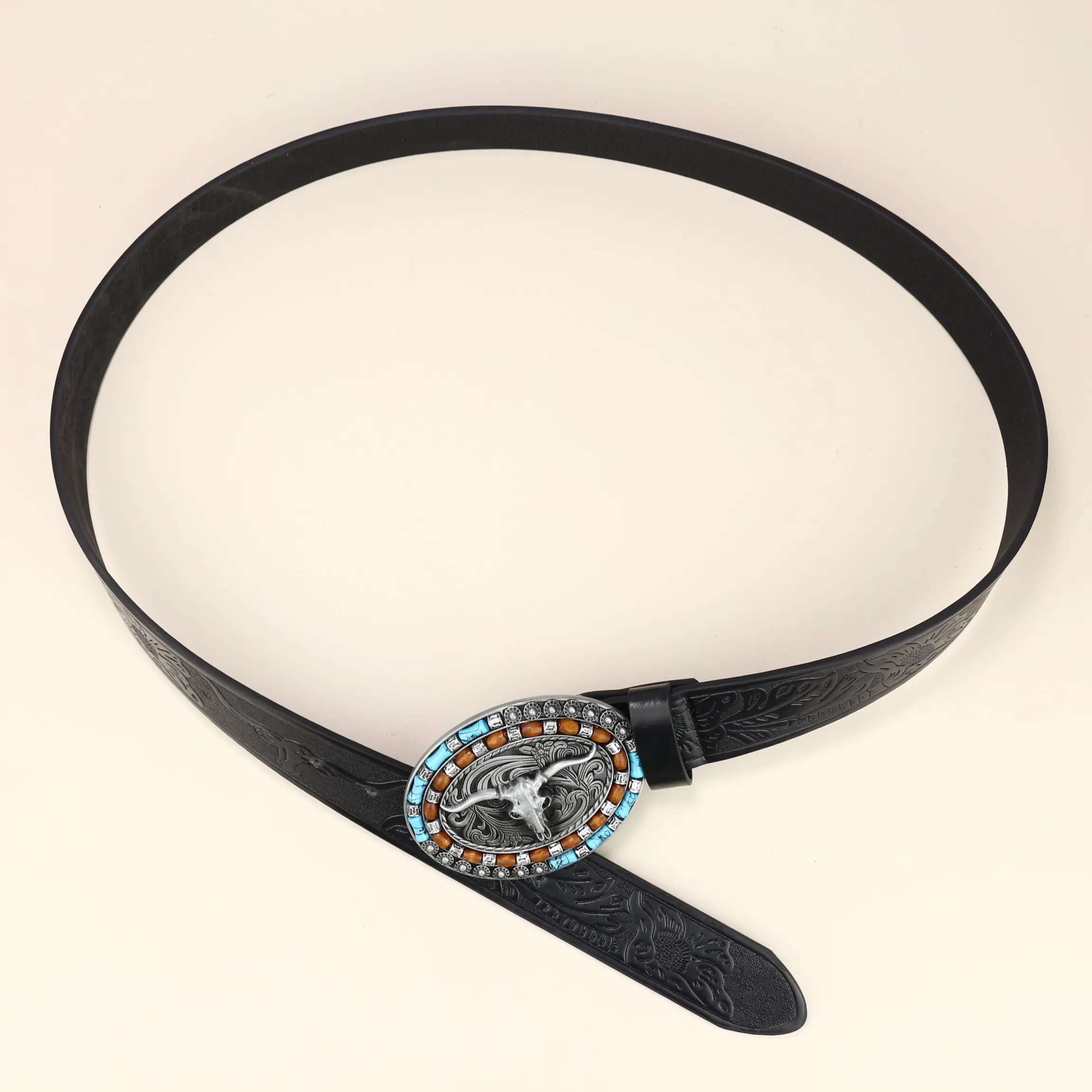 Belts Unisex Western Cowboy Belt Cow Head Buckle Fashion Vintage Beaded Peplum Jeans_autovado.com