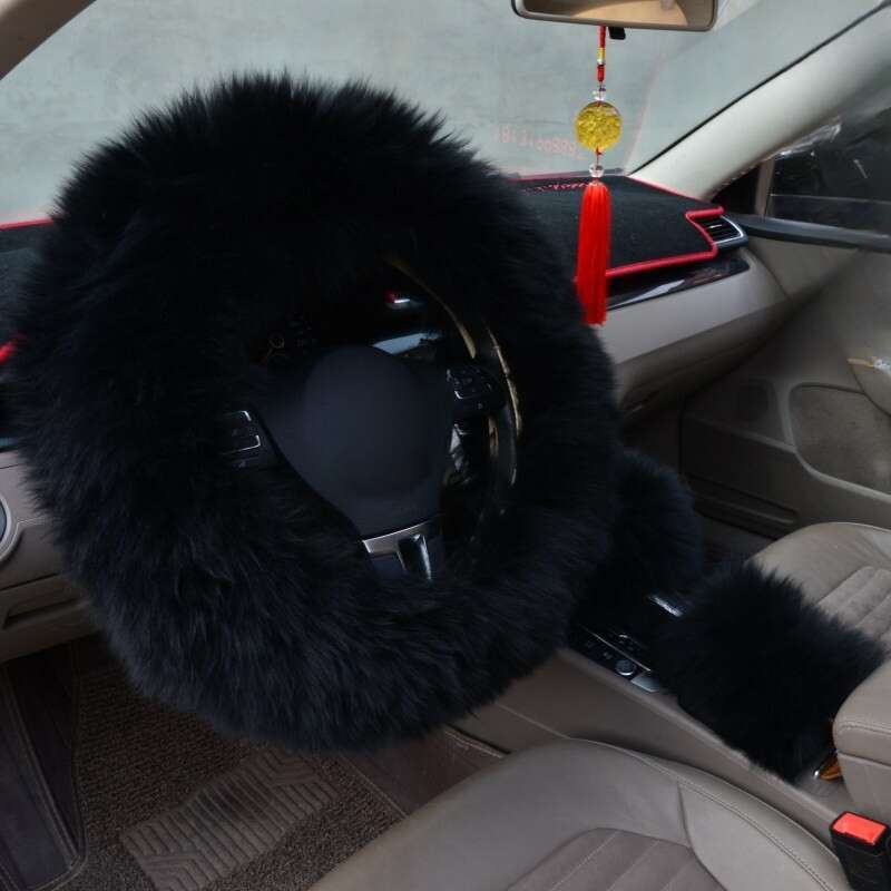 Pure Car Steering Wheel Sheep Shearing Handle Cover, Australian Wool Long Hair Three Piece Set_autovado.com