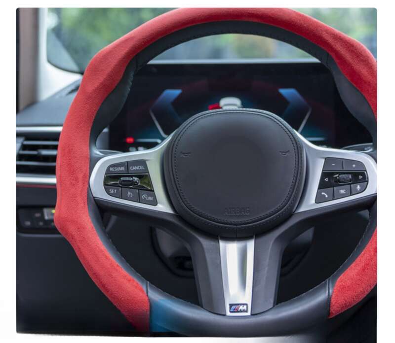 Car All-season Steering Wheel Cover, Suede Protective, Sweat Absorbing Mesh Red New Round D-row Universal Handle Cover_autovado.com
