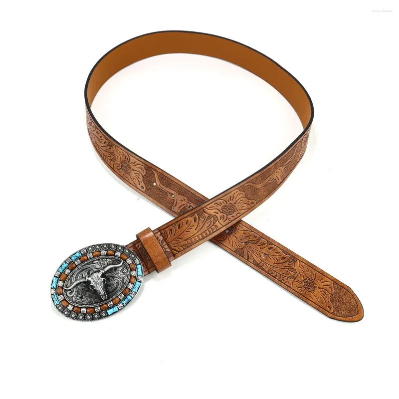 Belts Unisex Western Cowboy Belt Cow Head Buckle Fashion Vintage Beaded Peplum Jeans_autovado.com