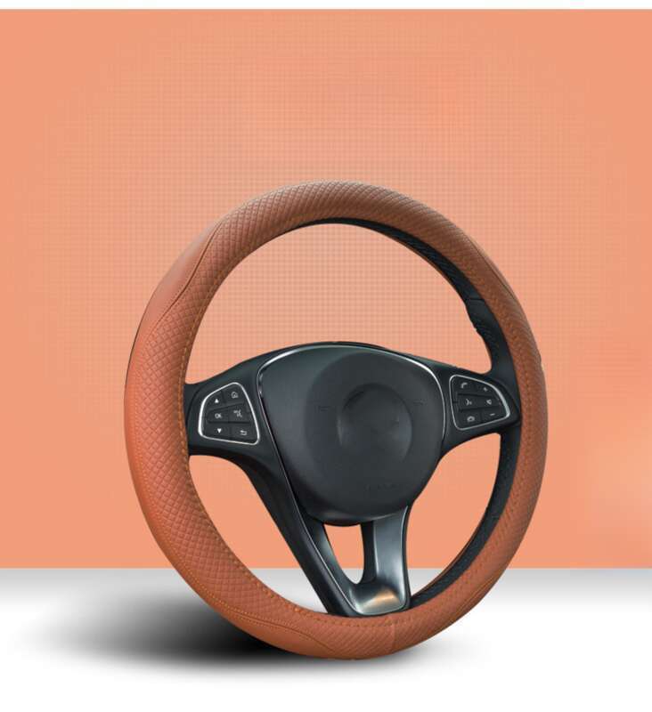 Double Needle Leather Steering Wheel With Two Color Splicing Circular Car Cover, Minimalist Sports Windmill Handle Cover_autovado.com