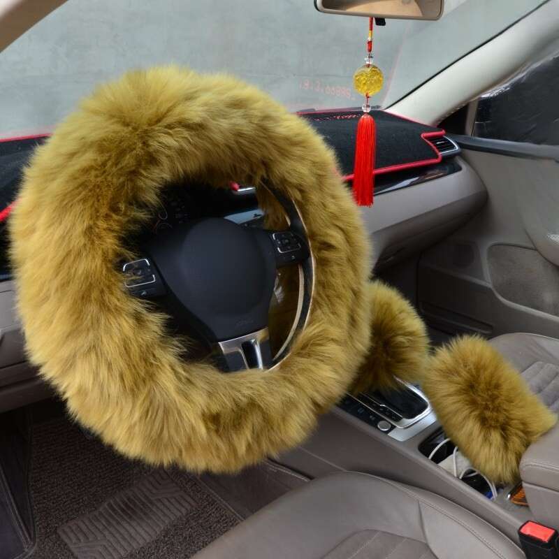 Pure Car Steering Wheel Sheep Shearing Handle Cover, Australian Wool Long Hair Three Piece Set_autovado.com