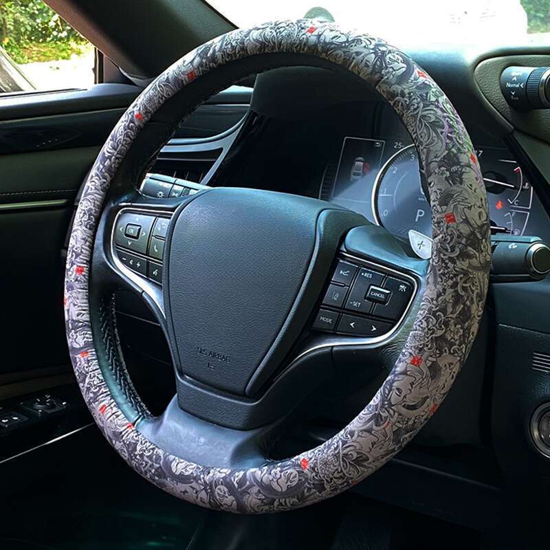 Universal Hand-painted Prajna Geisha Steering Wheel Cover, Personalized Nine Tailed Fox Card Set, Flower Arm Handlebar_autovado.com