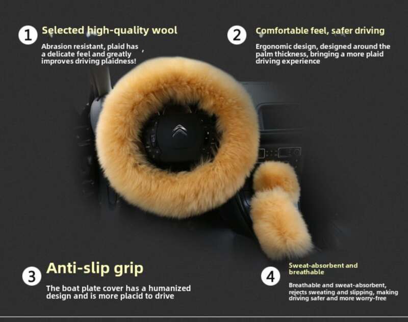 Car Steering Wheel Winter New Australian Sheepskin Fur Integrated Wool Handle Handbrake Cover_autovado.com