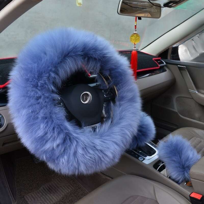 Pure Car Steering Wheel Sheep Shearing Handle Cover, Australian Wool Long Hair Three Piece Set_autovado.com