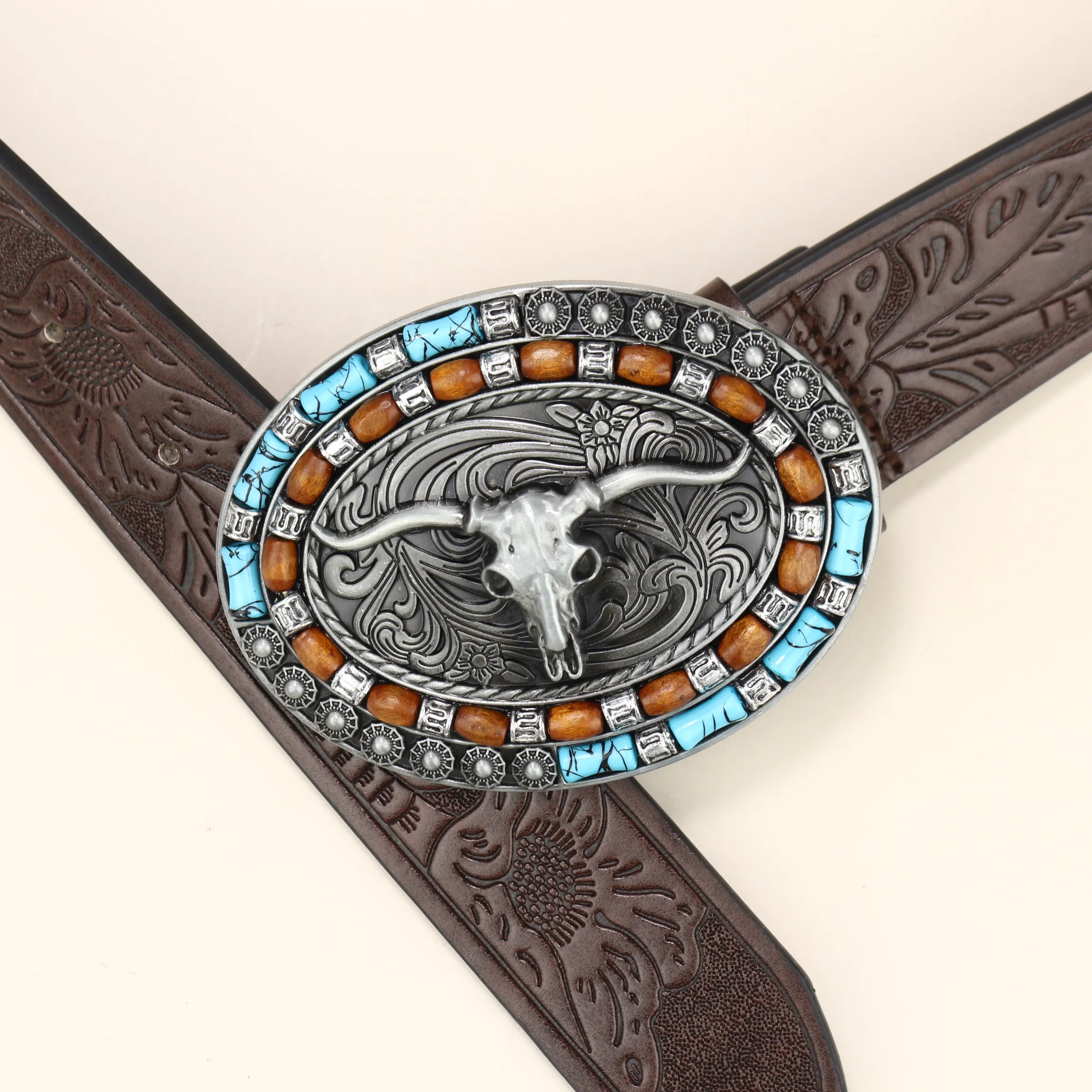 Belts Unisex Western Cowboy Belt Cow Head Buckle Fashion Vintage Beaded Peplum Jeans_autovado.com