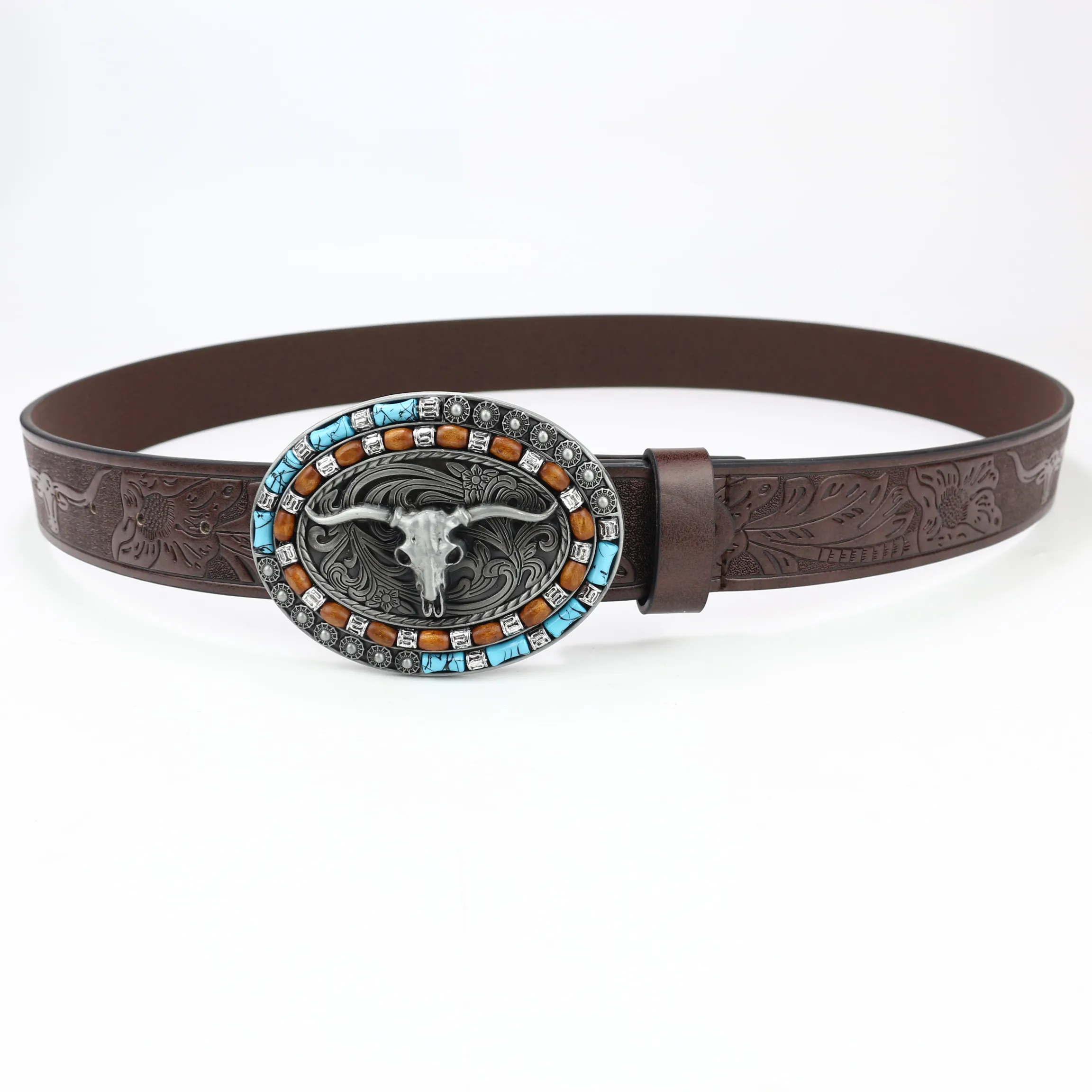 Belts Unisex Western Cowboy Belt Cow Head Buckle Fashion Vintage Beaded Peplum Jeans_autovado.com
