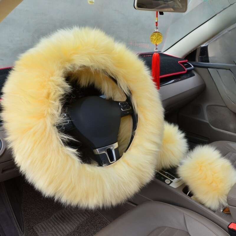 Pure Car Steering Wheel Sheep Shearing Handle Cover, Australian Wool Long Hair Three Piece Set_autovado.com