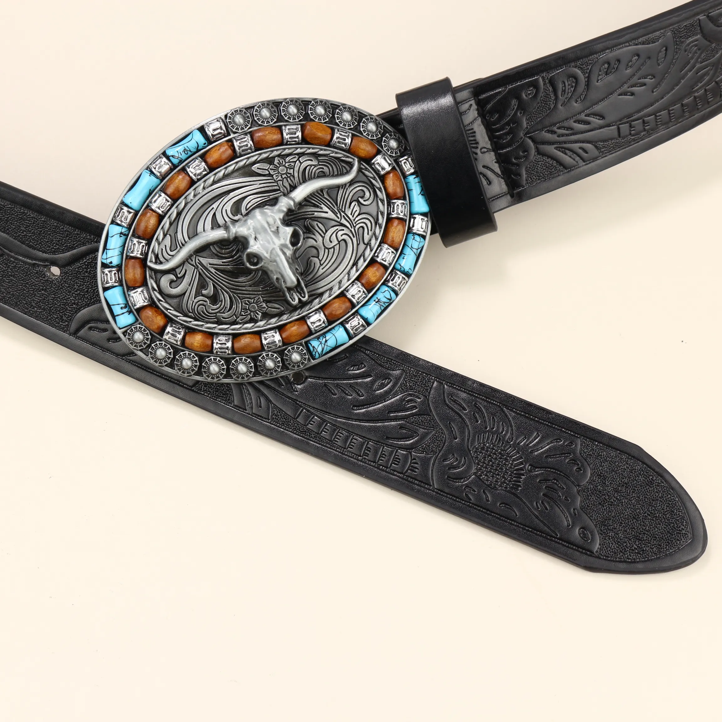 Belts Unisex Western Cowboy Belt Cow Head Buckle Fashion Vintage Beaded Peplum Jeans_autovado.com