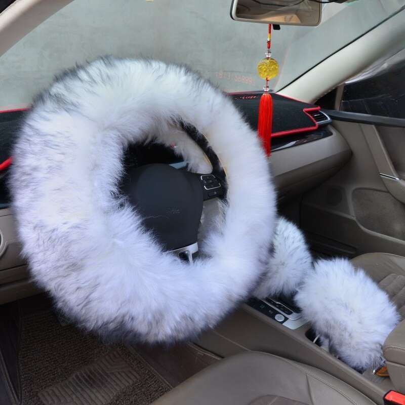 Pure Car Steering Wheel Sheep Shearing Handle Cover, Australian Wool Long Hair Three Piece Set_autovado.com