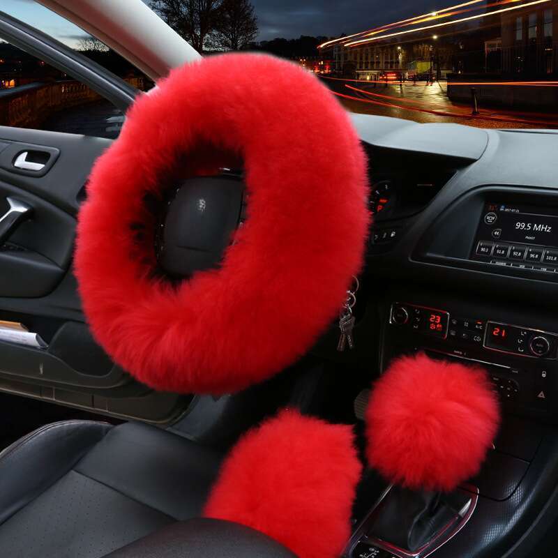 Car Steering Wheel Winter New Australian Sheepskin Fur Integrated Wool Handle Handbrake Cover_autovado.com