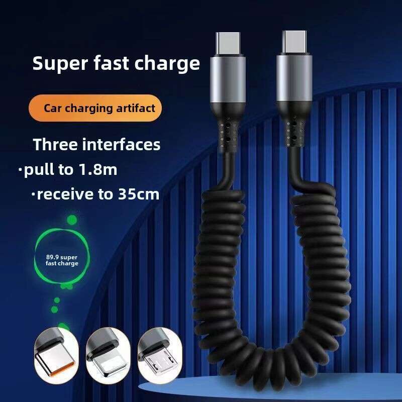 100W Dual Head Fast For Car Mounted 6A Telescopic Data Charging TypeC Spiral PD Spring Line_autovado.com