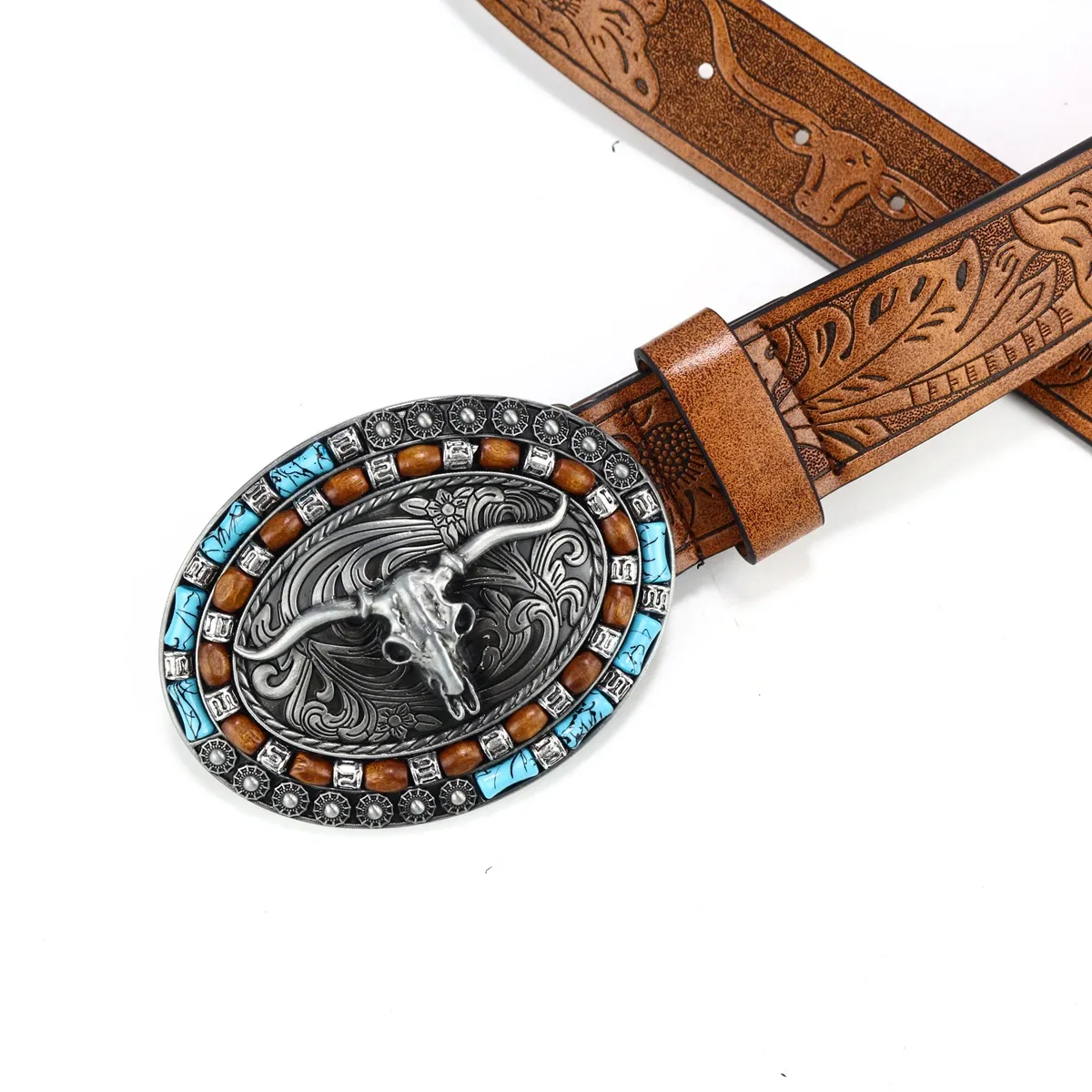 Belts Unisex Western Cowboy Belt Cow Head Buckle Fashion Vintage Beaded Peplum Jeans_autovado.com