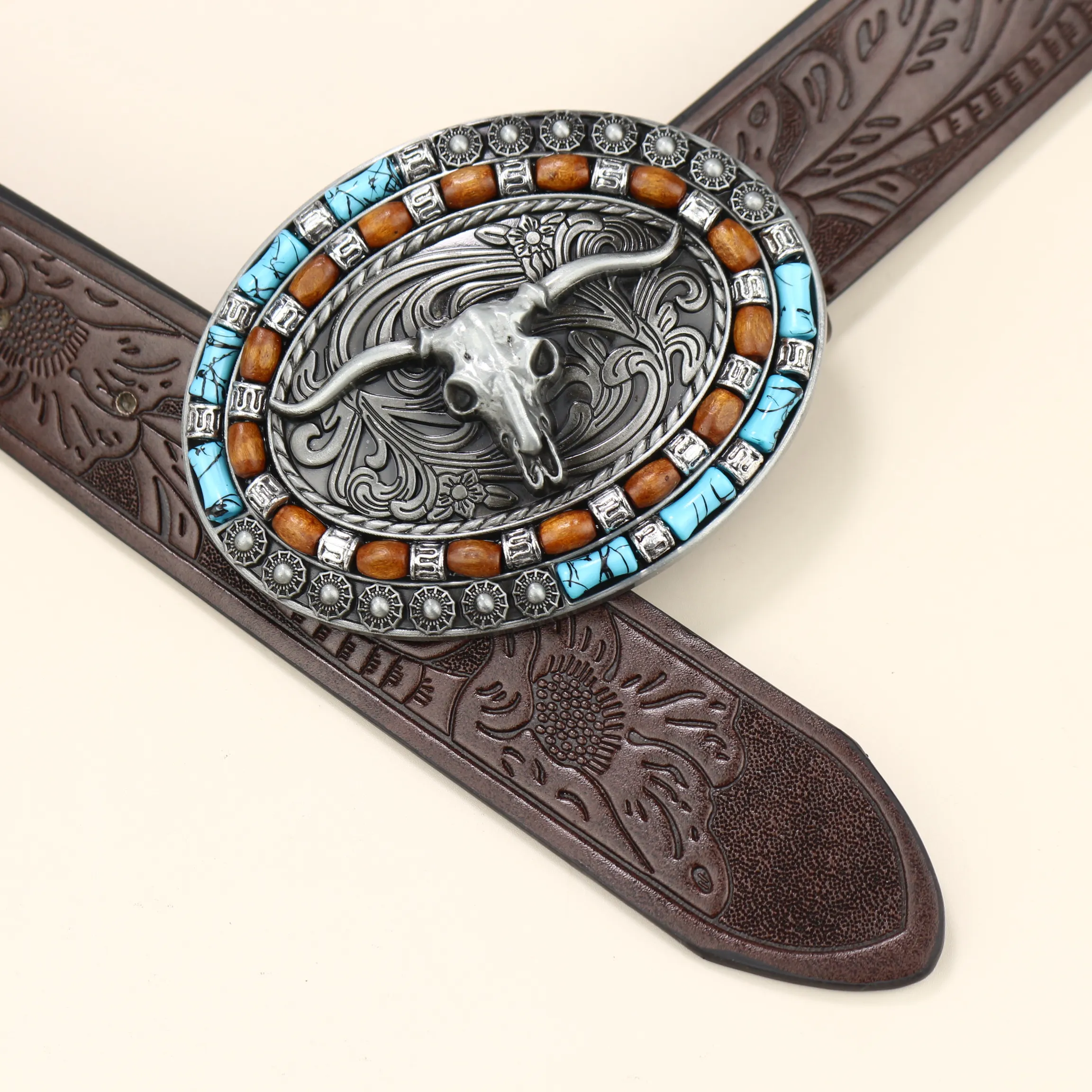 Belts Unisex Western Cowboy Belt Cow Head Buckle Fashion Vintage Beaded Peplum Jeans_autovado.com
