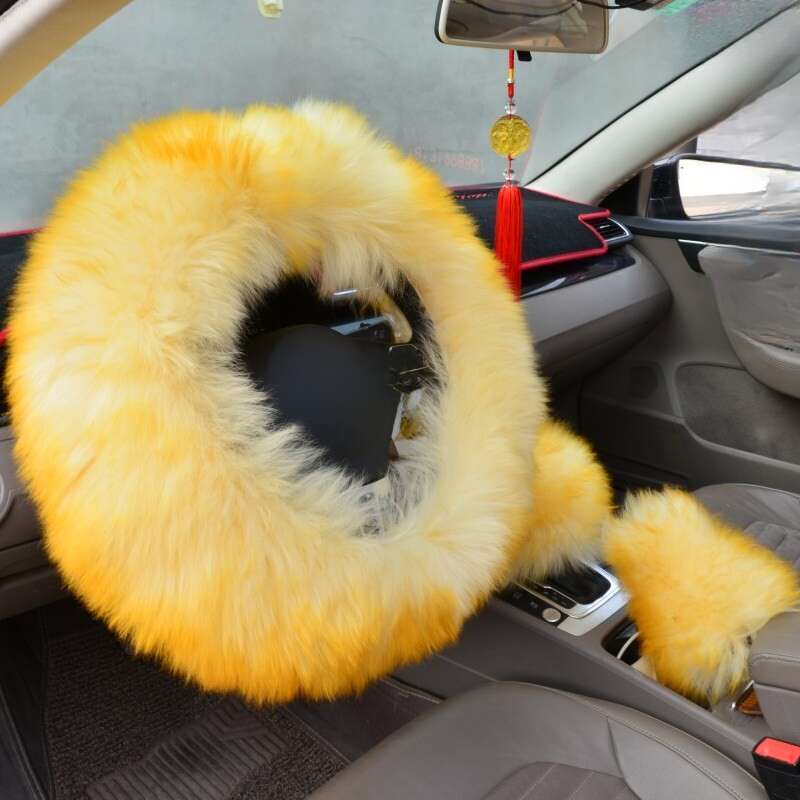 Pure Car Steering Wheel Sheep Shearing Handle Cover, Australian Wool Long Hair Three Piece Set_autovado.com
