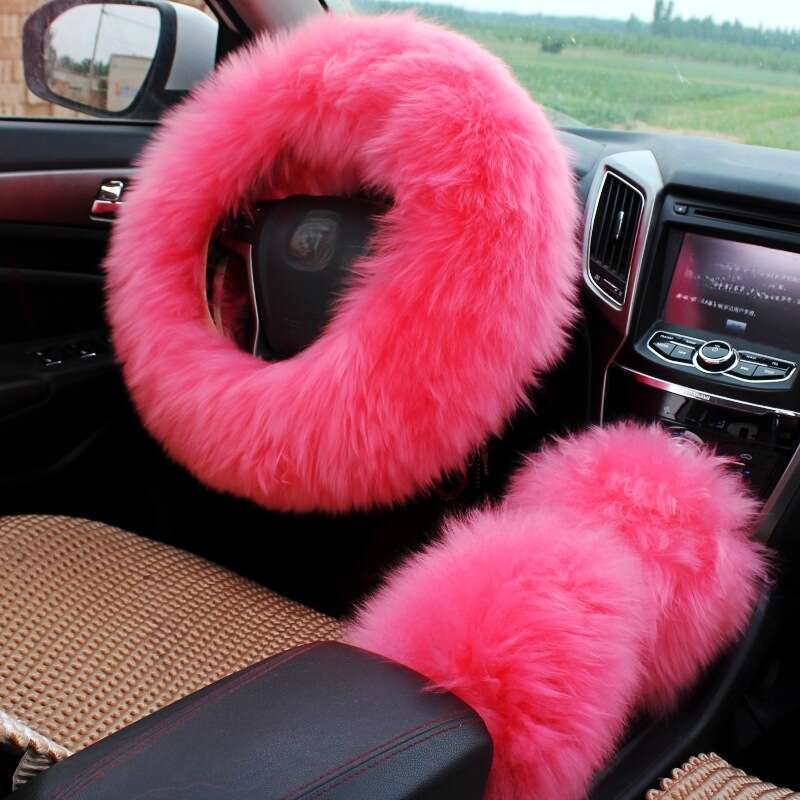 Pure Car Steering Wheel Sheep Shearing Handle Cover, Australian Wool Long Hair Three Piece Set_autovado.com