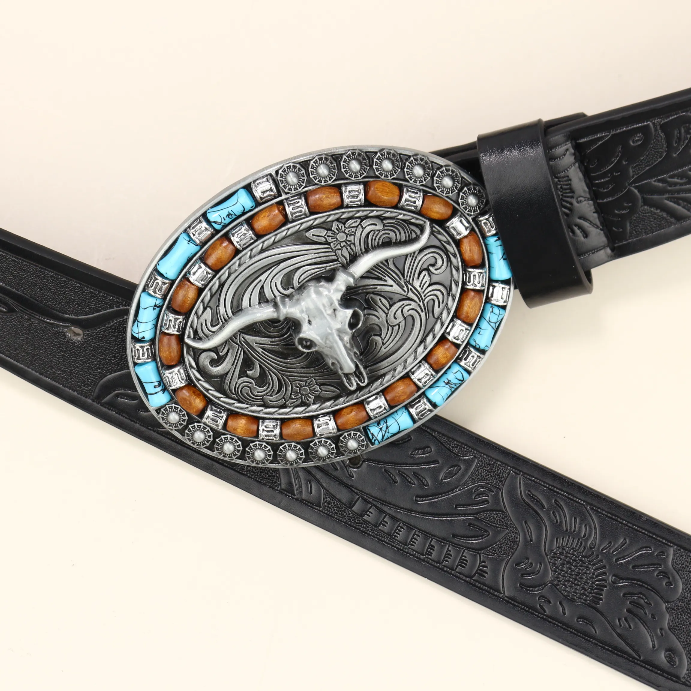 Belts Unisex Western Cowboy Belt Cow Head Buckle Fashion Vintage Beaded Peplum Jeans_autovado.com