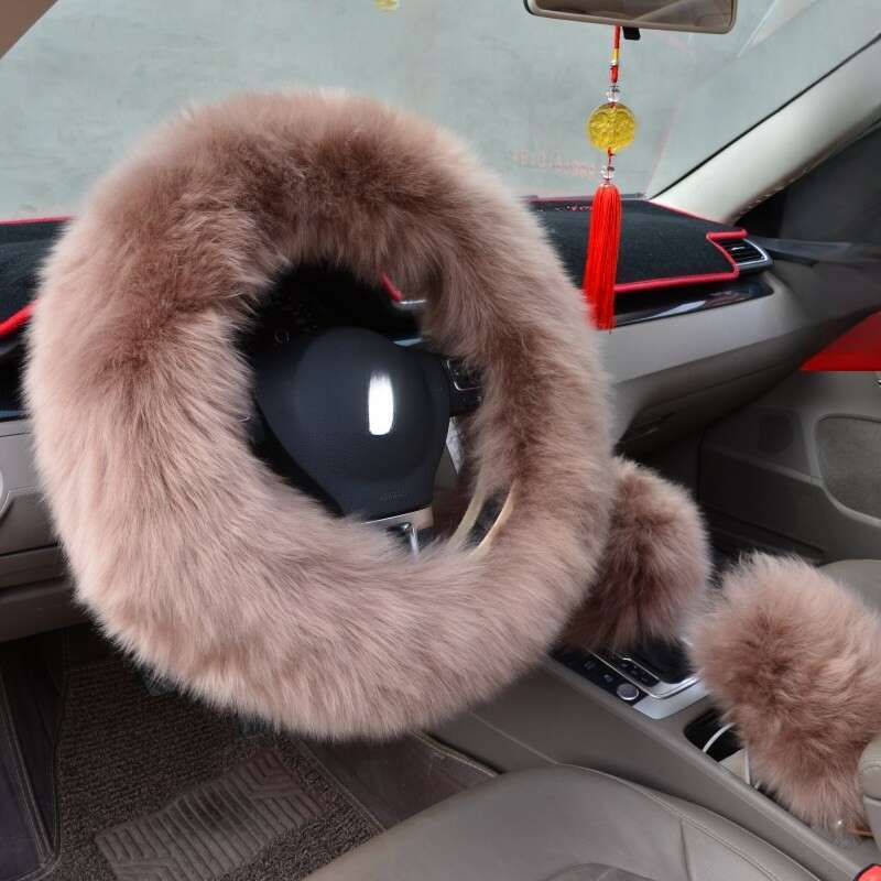 Pure Car Steering Wheel Sheep Shearing Handle Cover, Australian Wool Long Hair Three Piece Set_autovado.com