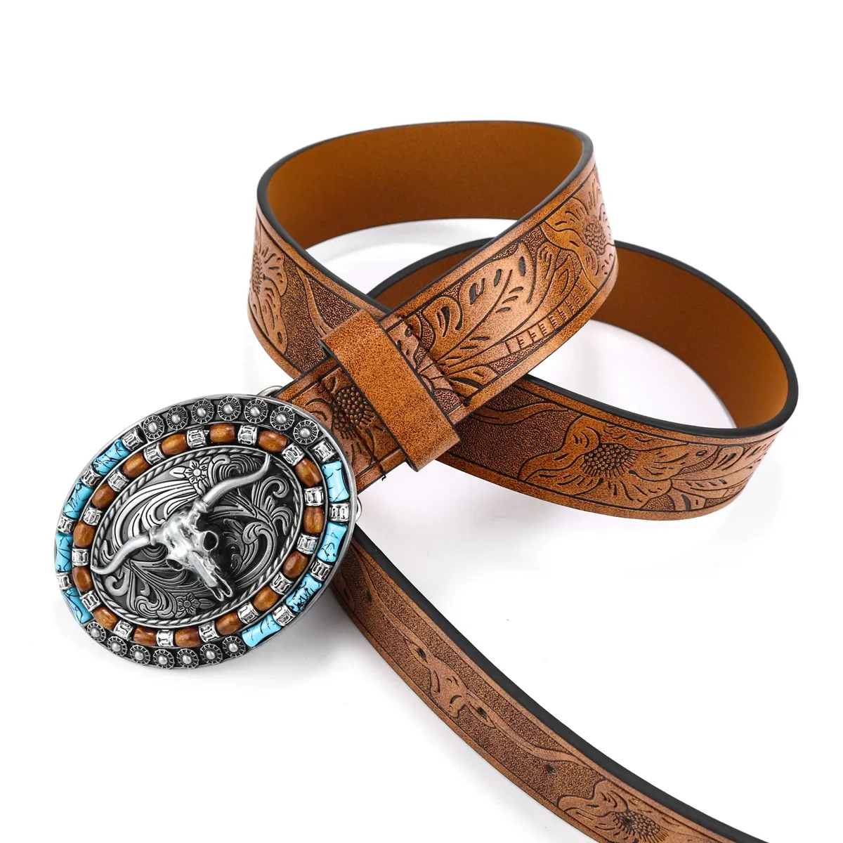 Belts Unisex Western Cowboy Belt Cow Head Buckle Fashion Vintage Beaded Peplum Jeans_autovado.com