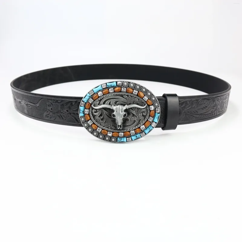 Belts Unisex Western Cowboy Belt Cow Head Buckle Fashion Vintage Beaded Peplum Jeans_autovado.com