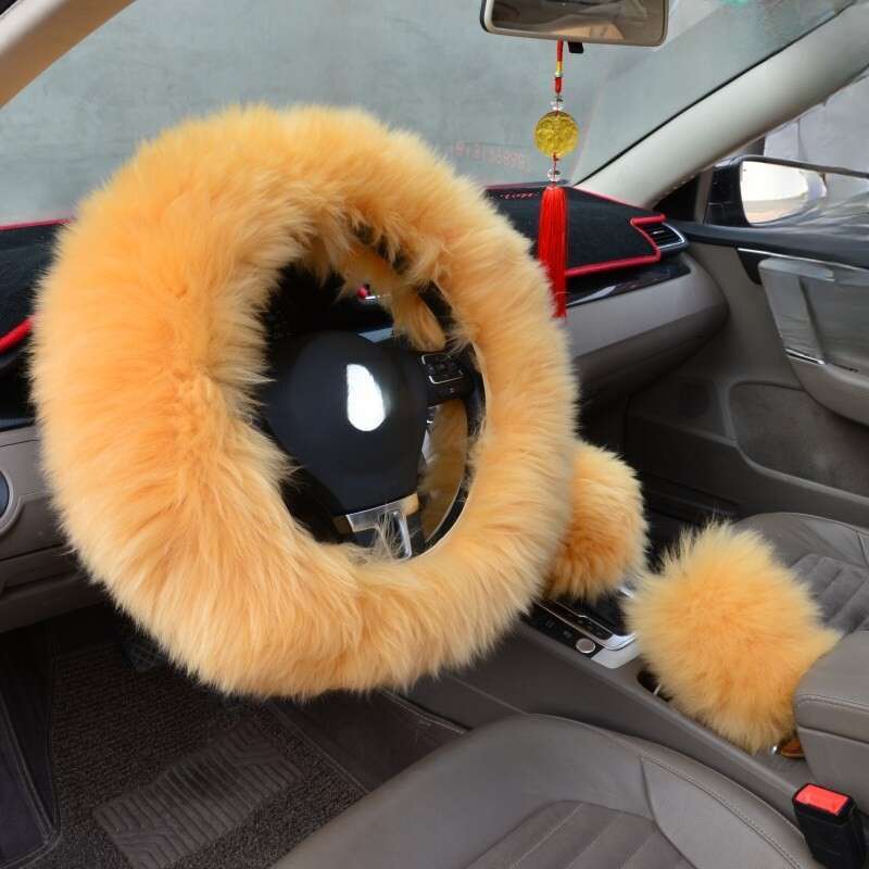 Pure Car Steering Wheel Sheep Shearing Handle Cover, Australian Wool Long Hair Three Piece Set_autovado.com