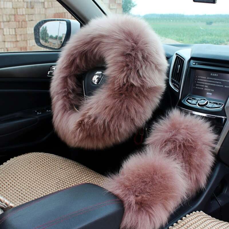 Pure Car Steering Wheel Sheep Shearing Handle Cover, Australian Wool Long Hair Three Piece Set_autovado.com